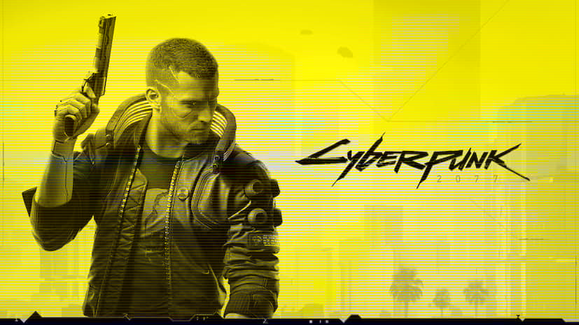 Cyberpunk 2077 wallpaper man wearing a dark brown coat and holding a gun upwards with his right hand with yellow background