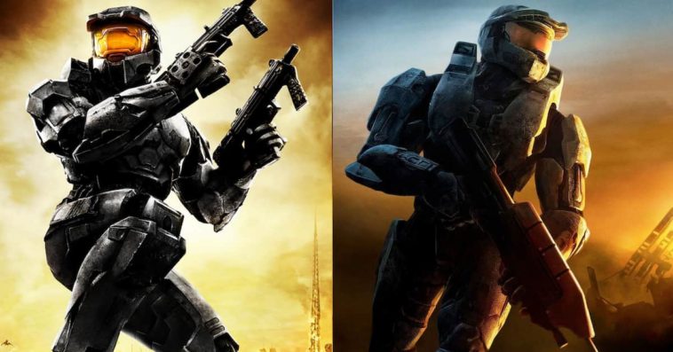 Halo 2 game masterchief in a dark suit holding dual smg weapons next to Halo 3 game masterchief in a dark suit holding an assault rifle