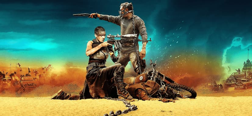Mad Max Furry Road movie wallpaper Tom Hardy and Charlize Theron in desert holding guns with vehicles on fire on the background