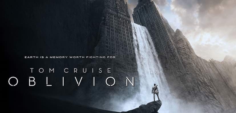 Oblivion movie wallpaper tom cruise Jack Harper dressed in white suit watching waterfall from two tall buildings
