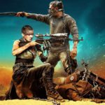 Mad Max Furry Road Wallpaper with Tom Hardy and Charlize Theron in the desert holding guns