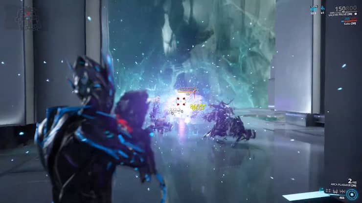 Warframe gameplay Valkyr Prime using Arca Plasmor in Cephalon Simaris simulacrum