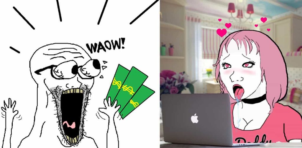 Wojack simp throwing money at wojack thot in pink t-shirt meme