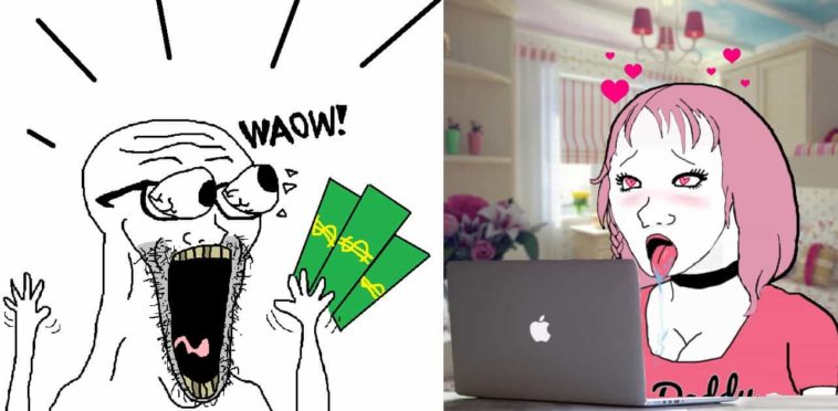 Wojack simp throwing money at wojack thot in pink t-shirt meme