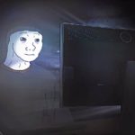 Meme of sad Wojack watching PC monitor during night