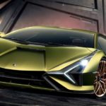 Lamborghini Sian Hybrid Yellow color with golden rims front headlights metal background