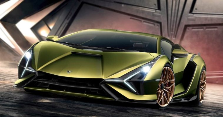 Lamborghini Sian Hybrid Yellow color with golden rims front headlights metal background