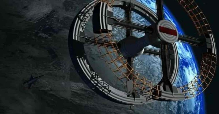 circular space station orbiting above earth