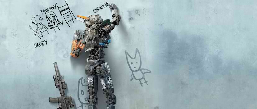 Chappie movie wallpaper robot drawing on a grey wall with black marker with an assault rifle next to him