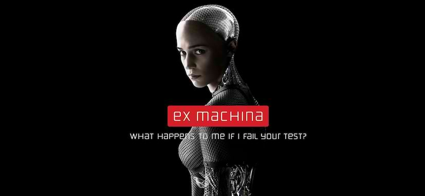 Ex Machina movie wallpaper Alicia Vikader as humanoid robot with exposed metal pars in a dark background
