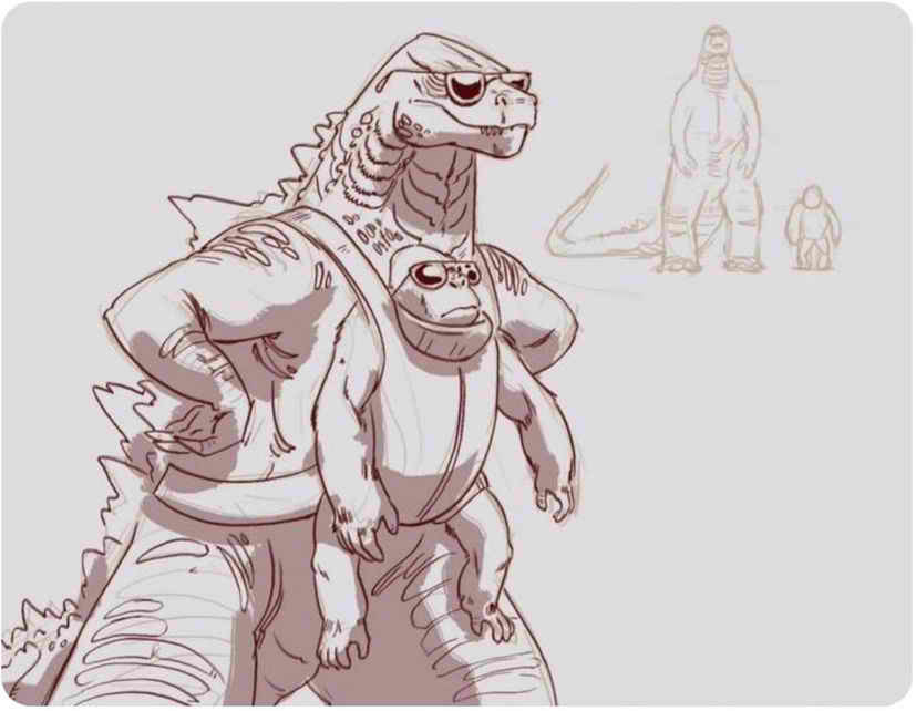 Funny Drawing of Godzilla holding Kong him as baby toddler