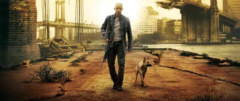 I Am Legend Movie Wallpaper Will Smith holding gun with dog next to him walking under Brooklyn bridge