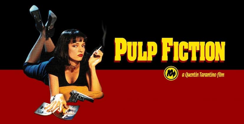 Pulp Fiction movie wallpaper Uma Thurman reading magazine while smoking in black dress, black high heels and black hair