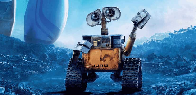 Wall-E movie wallpaper Wall-E raising its left hand in a blue garbage wasteland background