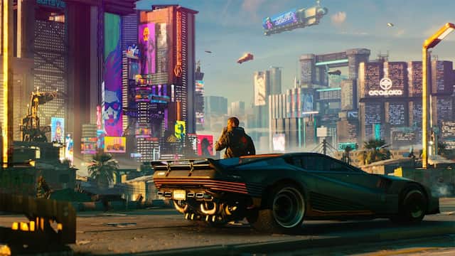 Cyberpunk 2077 wallpaper V sitting next to his car and watching Night City on sunset
