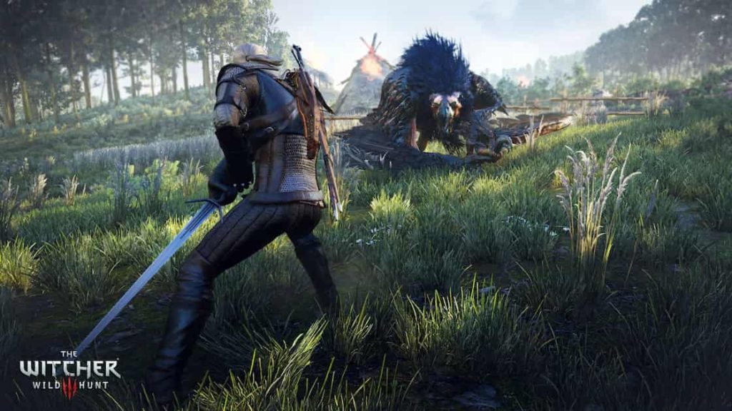 The Witcher 3: Wild Hunt Gerald of Rivia in black and brown leather suit holding sword with two hands and fighting beast on green grass field