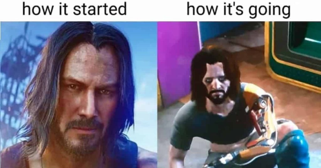 Cyberpunk 2077 meme Keanu Reeves on trailer vs. actual gameplay on PS4