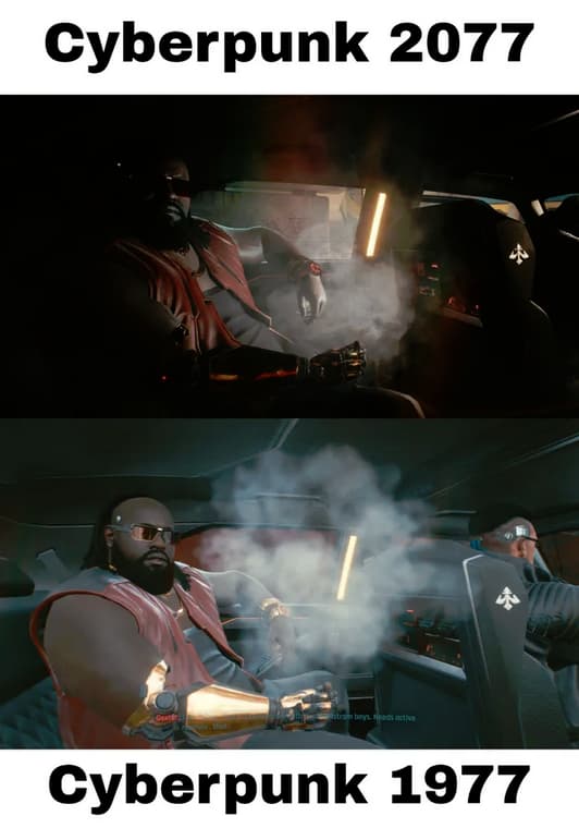 Cyberpunk 2077 meme trailer vs. actual game black guy smoking in a cab while wearing a red jacket and sunglasses