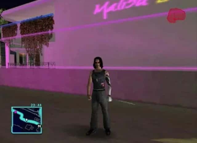 Cyberpunk 2077 meme GTA Keanu Reeves standing in front of a pink wall