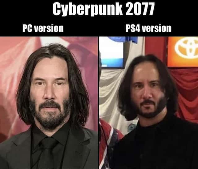 Cyberpunk 2077 meme Keanu Reeves in black suit with long hair and beard PC version vs. PS4 version