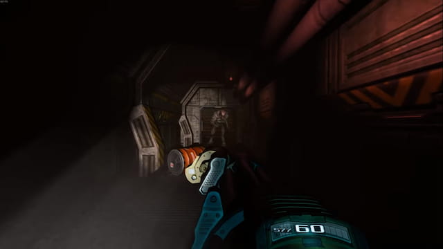 Doom 3 Hell Knight fighting with chain gun in dark and red hall
