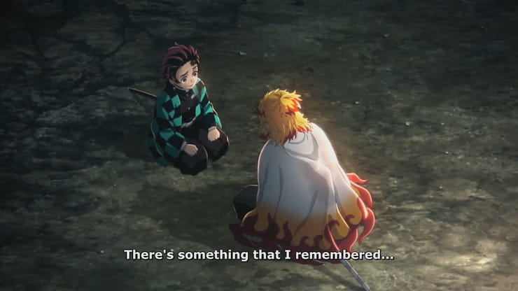 Demon Slayer Kimetsu No Yaiba Mugen Train Tanjiro Kamado talking with Kyojuro Rengoku after Akaza fight both sitting on ground on their knees
