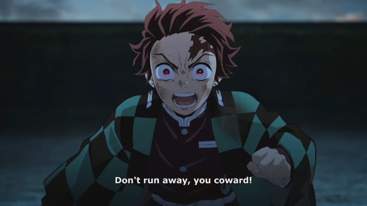 Demon Slayer Kimetsu No Yaiba Mugen Train Tanjiro Kamado yeels at Akaza to return to the fight and not flee like a coward in dark background