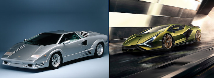 Lamborghini 1985 25th Anniversary Countach grey silver  color vs. Lamborghini Sian FKP 37 in yellow color with golden rims. 