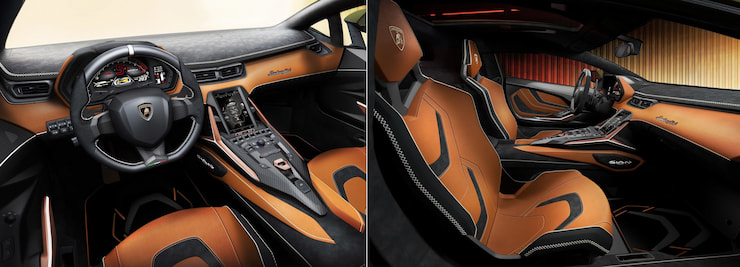 Lamborghini Sián FKP 37 interior cockpit leather yellow orange color scheme.