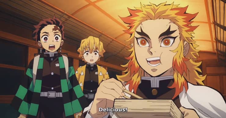 Demon Slayer Kimetsu No Yaiba Mugen Train Tanjiro Kamado and Zenitsu Agatsuma meet up with Koyuro Rengoku eating and saying delicious inside Mugen Train
