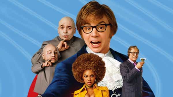 Austin powers movie wallpaper Dr. Evil, Mini me, Austin Powers, Foxxy Cleopatra (Beyoncé) and Nigel Powers in a blue background