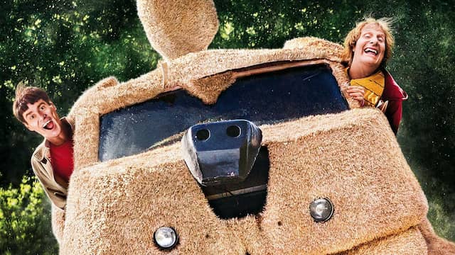 Lloyd and Harry from Dumb and Dumber movie riding in a dog van