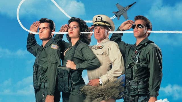 Hot Shots cast in airforce uniforms soluting with their right hand in a blue background
