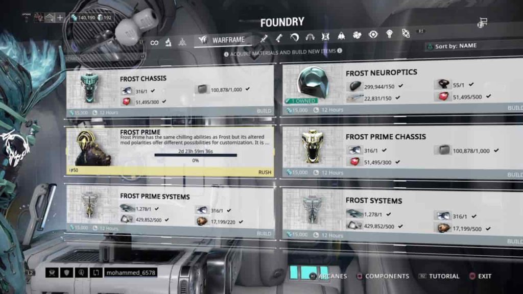 Warframe game foundry crafting inside orbiter