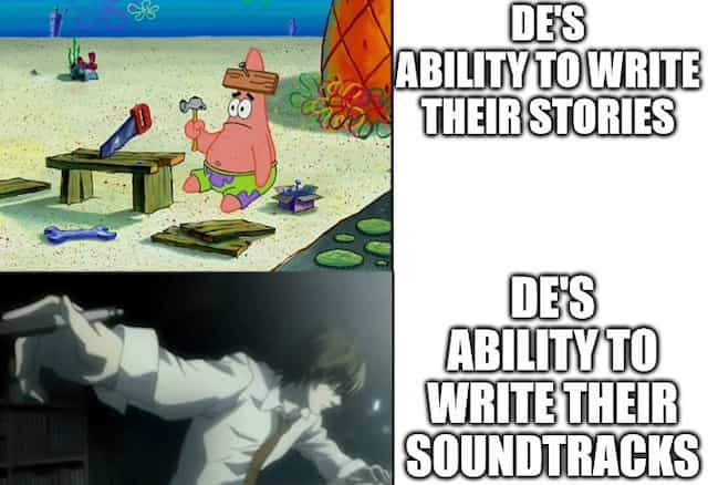 Warframe meme DE writing stories vs. composing soundtracks