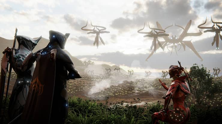 Warframe game Excalibur, Frost Prime and Mesa on Eidolon Plains Old War