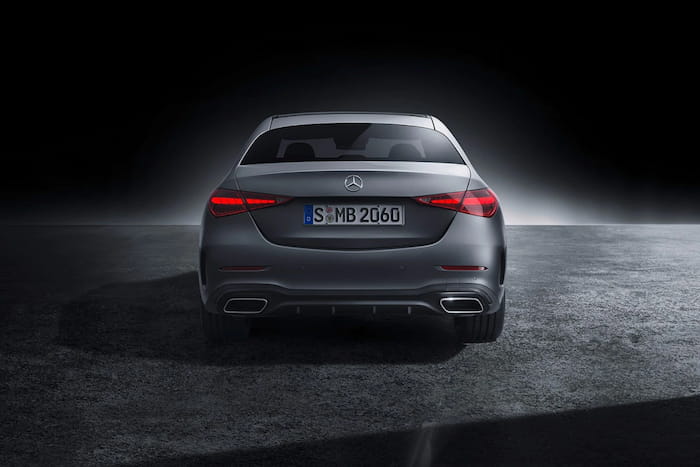 Mercedes-Benz C-Class 2022 W206 Saloon sedan rear view grey metallic color red LED lights.