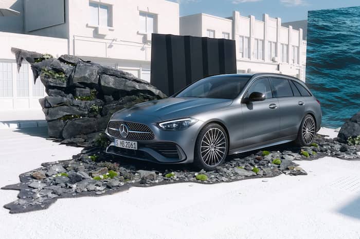 Mercedes-Benz C-Class 2022 W206 Estate station wagon front view grey metallic color.