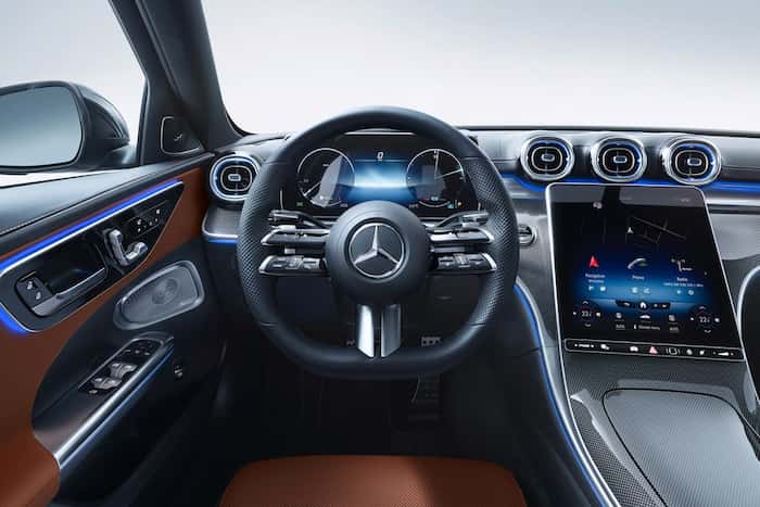 Mercedes-Benz C-Class 2022 W206 interior cabin black and brown carbon fiber.