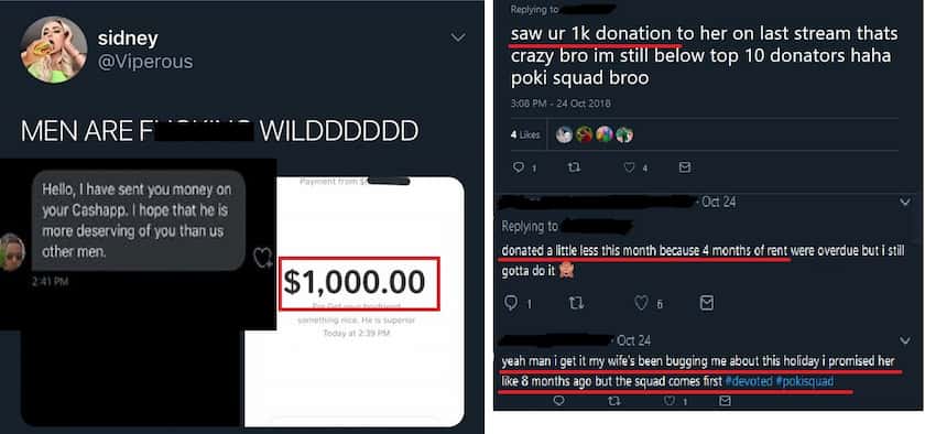 Simp pays over $1000 to a blonde girl twitter screenshot dark mode.