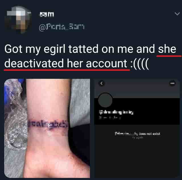Tattooing a girl's name on wrist white hand twitter screenshot dark mode.