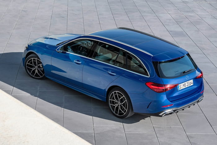 Mercedes-Benz C-Class 2022 W206 Estate station wagon rear view blue metallic color red LED lights.