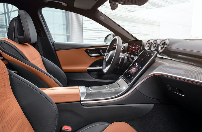 Mercedes-Benz C-Class 2022 W206 interior cabin black and brown carbon fiber.