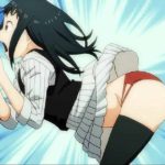 Brunette anime girl in white skirt and black thigh-high socks, gets two-finger kancho in her anus