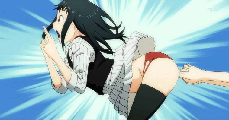 Brunette anime girl in white skirt and black thigh-high socks, gets two-finger kancho in her anus