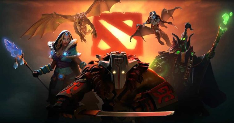 Dota2 heroes and logo wallpaper with Juggernaut, Crystal Maiden, Queen Of Pain, Dragon Knight, and Rubick