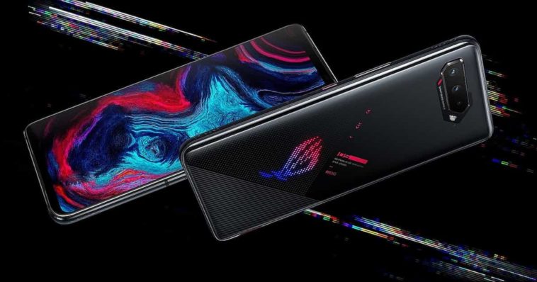 Two black ASUS ROG Phones with ROG LED RGB lights