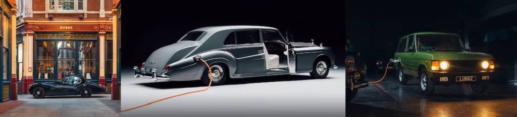 Black Jaguar XK120 side view, Rolls Royce Phantom V side view grey color, Range Rover Classic green color front view lights on dark background, electrified Lunaz