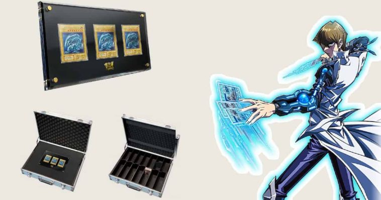 Seto Kaiba from Yu-Gi-Oh! in white coat, holding cards next to his briefcase