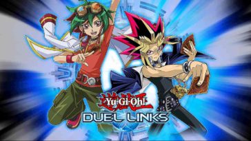 Yya Skaki and Yami Yugi holding cards behind Yu-Gi-Oh! Duel Links logo